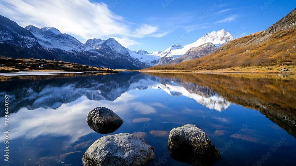 Poster breathtaking reflection of snowcapped mountains on calm alpine lake : generative ai