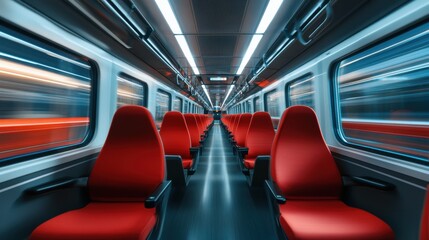 Obraz premium A vibrant view of a train interior featuring rows of red seats and blurred motion, creating a dynamic atmosphere.