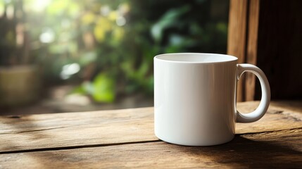 Obraz premium A blank white ceramic mug sits on a rustic wooden table, bathed in soft morning light with a lush green background.