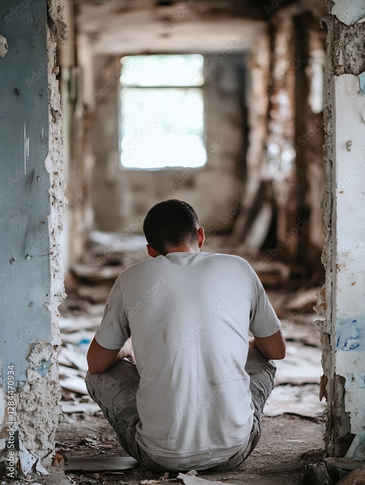 Poster a solitary figure reflects in an abandoned building showcasing the melancholy of deserted spaces : g
