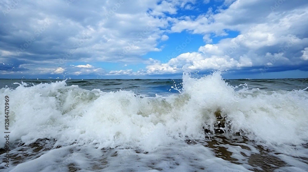 Poster powerful ocean waves crash against the shore creating a dynamic scene of movement and natural beauty