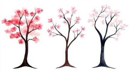 Three Watercolor Trees Showing Seasonal Changes