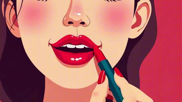 Slow motion close-up girl brings red lipstick to her lips and paints them on a pink background. Concept of makeup, femininity, red lips