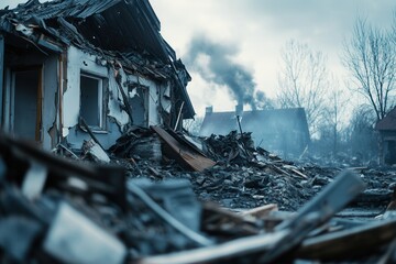 A close-up of a destroyed home after a tornado . A devastated house stands amidst a cityscape, showcasing the impact of destruction on urban life.