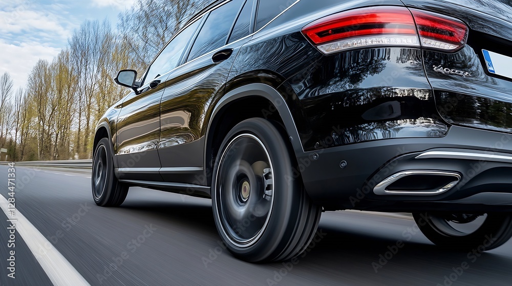 Poster sleek black luxury suv on a dynamic road showcasing modern automotive design and powerful performanc