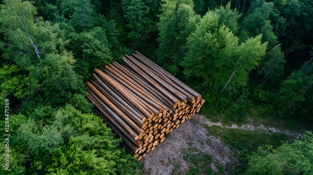 Aufkleber aerial view of stacked logs in a lush forest environment highlighting timber industry and nature : g