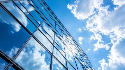 Modern architectural design of a corporate building with reflective glass facade against a vibrant sky : Generative AI