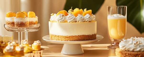 Delicious peach desserts with creamy toppings and refreshing juice