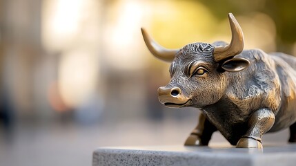 Beautiful close up of a bronze bull statue symbolizing strength and resilience in an urban setting : Generative AI