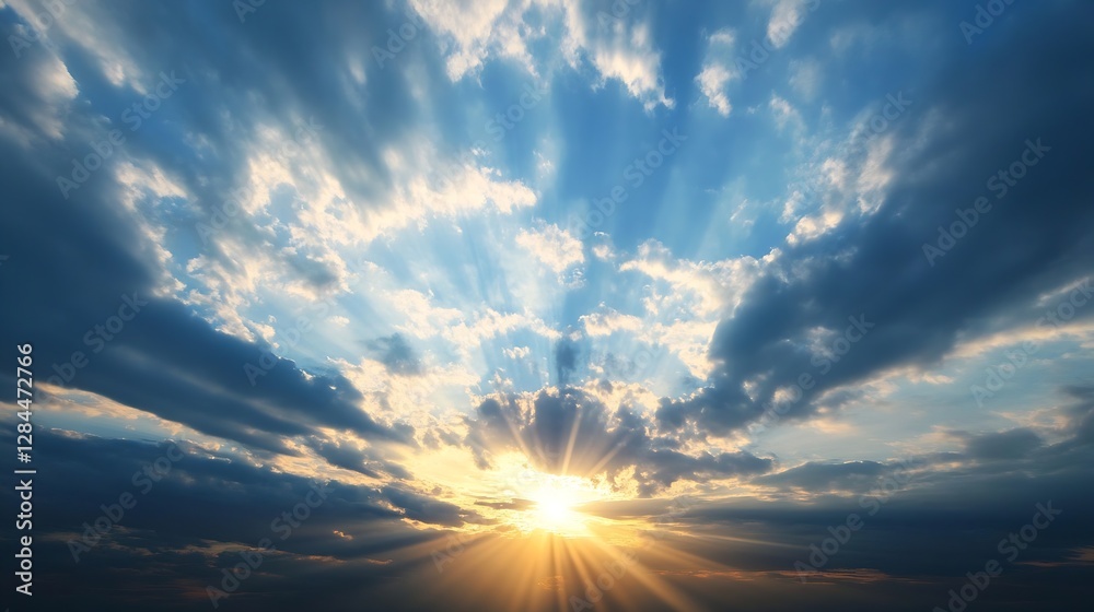 Poster dramatic sunset sky with vivid clouds and beams of light breaking through a moody atmosphere : gener