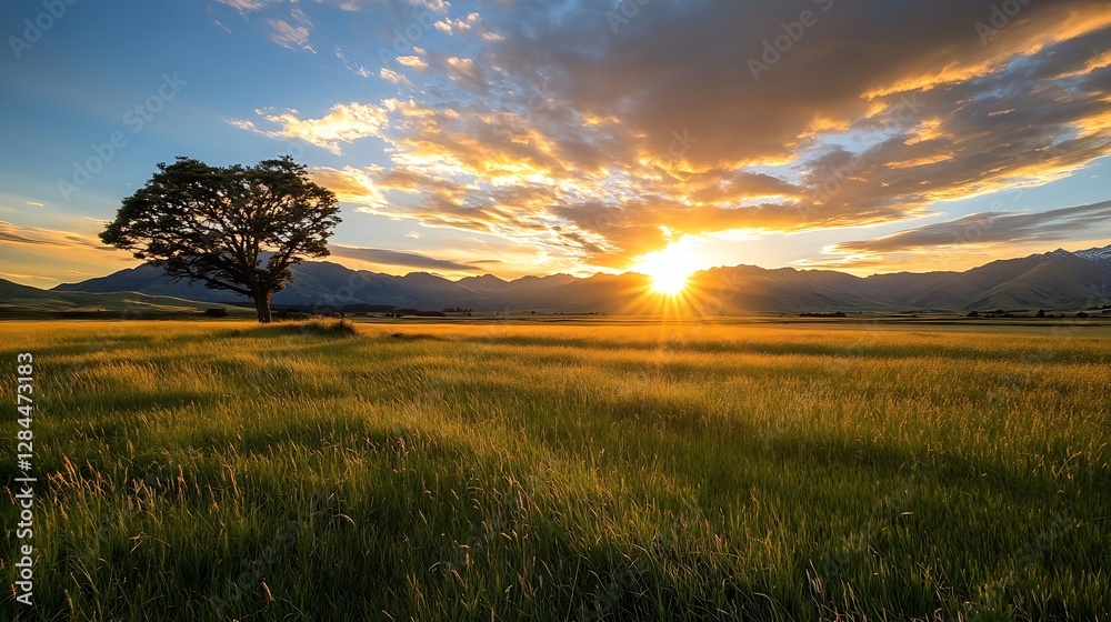 Poster golden hour lighting up a lone tree in a wide grassy field with majestic mountains in the background