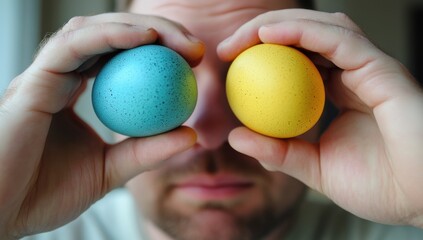 A man holds two Easter eggs in his hands, one blue and the other yellow. He looks through them at the camera