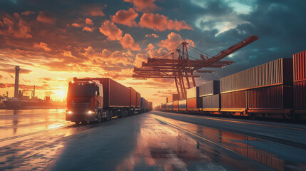 Global business of Container Cargo freight train for Business logistics concept, Air cargo trucking, Rail transportation and maritime shipping, Online goods orders worldwide. Container truck in ship