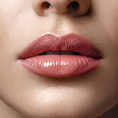 Fototapeta premium Sensual Lips: Close-up shot of a woman's full, glossy lips, beautifully shaped and painted with a natural, elegant shade, revealing the smooth texture of the skin and the delicate details.