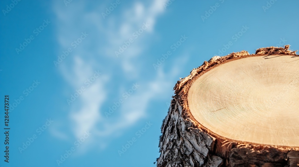 Poster Close Up View of Freshly Cut Tree Log Against a Clear Blue Sky with Soft White Clouds : Generative AI