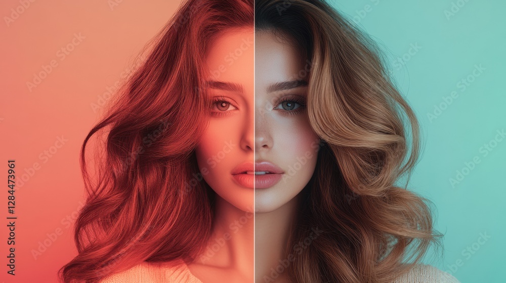Poster transformation of hairstyle showcased through contrasting styles and colors in a creative split imag
