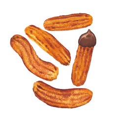 Watercolor collection of a fresh sugar churros isolated on a black background.