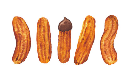 Watercolor collection of a fresh sugar churros isolated on a white background.