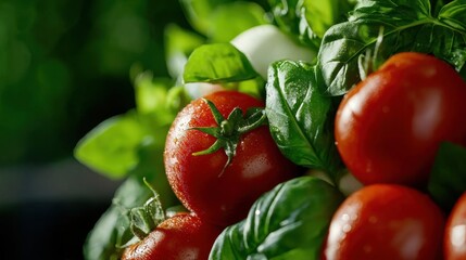 Bright red tomatoes are paired with vibrant green basil leaves, showcasing freshly harvested produce in a well-maintained garden under gentle sunlight