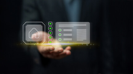 Real Estate Management, Professional Using Digital Technology and Online Tools for Property Analysis and Checklist in a dark Workspace.