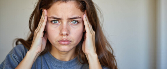 Obraz premium Woman experiencing headache holding head against plain background