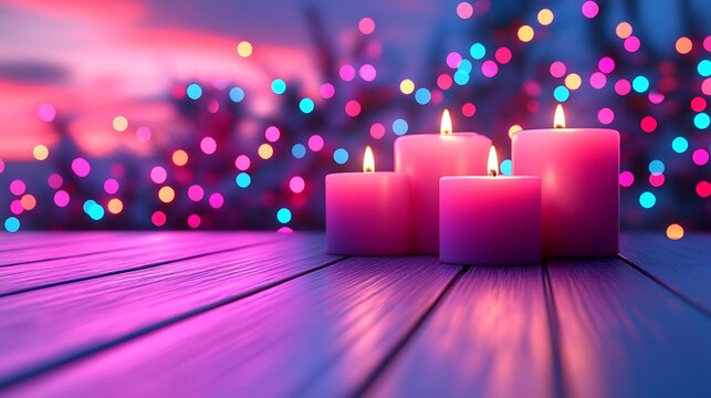 Beautiful lit candles glow on a purple wooden surface at night