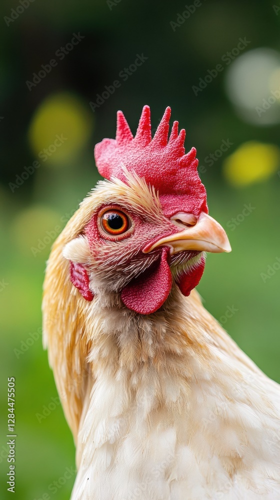 Poster Close up of a chicken showcasing its vibrant features in a natural setting during daylight. Generative AI