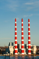 Tufts Cove smoke stacks industrial Thermal Generating Power Station for electricity owned by Nova Scotia Power Dartmouth along the Halifax Harbour Nova Scotia Canada © Rosemary G