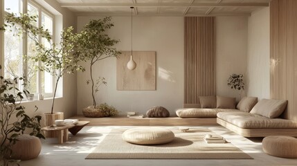 Experience a 3D rendered illustration of a contemporary Japandi style interior. 