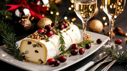 A beautifully arranged cheese log garnished with nuts and cranberries rests on a festive table. Sparkling drinks in elegant glasses complement the festive decor of holiday lights and ornaments