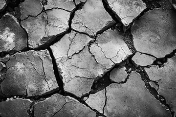 A close-up of a cracked and broken road after an earthquake . Detailed image of a rock displaying a cracked surface, highlighting the unique textures and geological features.