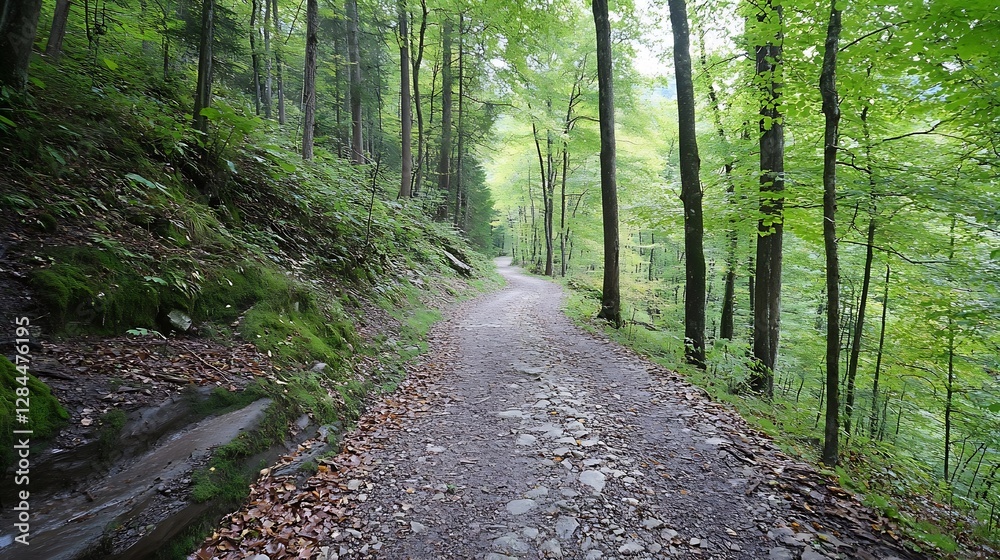 Aufkleber sunlit path through lush green forest with tall trees and leafy underbrush : generative ai