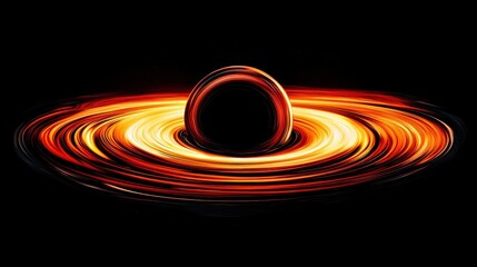 Fototapeta premium Bright, swirling light encircles a black hole in deep space, illustrating the gravitational pull and energy emitted from the accretion disk, creating a captivating cosmic display