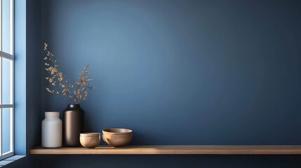 Obraz premium The dark blue wall complements the minimalist aesthetics of the kitchen space.