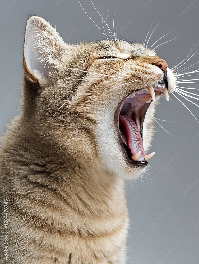 Poster Intense closeup of a yawning cat revealing sharp teeth and detailed fur in a natural light setting : Generative AI
