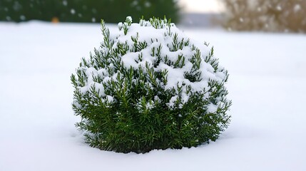 Decorative evergreen bush covered by the snow after a late winter snowfall