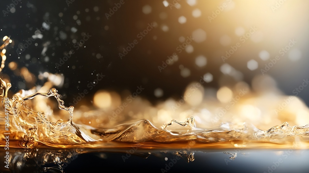 Poster Dynamic closeup of sparkling water droplets splashing in rich golden hues and contrasting light : Generative AI