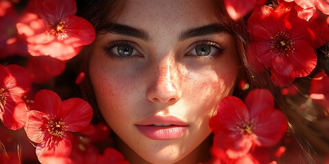 Lush Red Flowers with Delicate Petals and Green Foliage