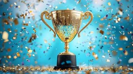 A stunning golden trophy cup rests against a vibrant blue backdrop.