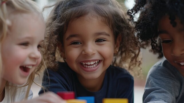 Three children engage in playful activity, building structures with vibrant blocks. Their smiles radiate happiness while they share this fun experience in an outdoor setting
