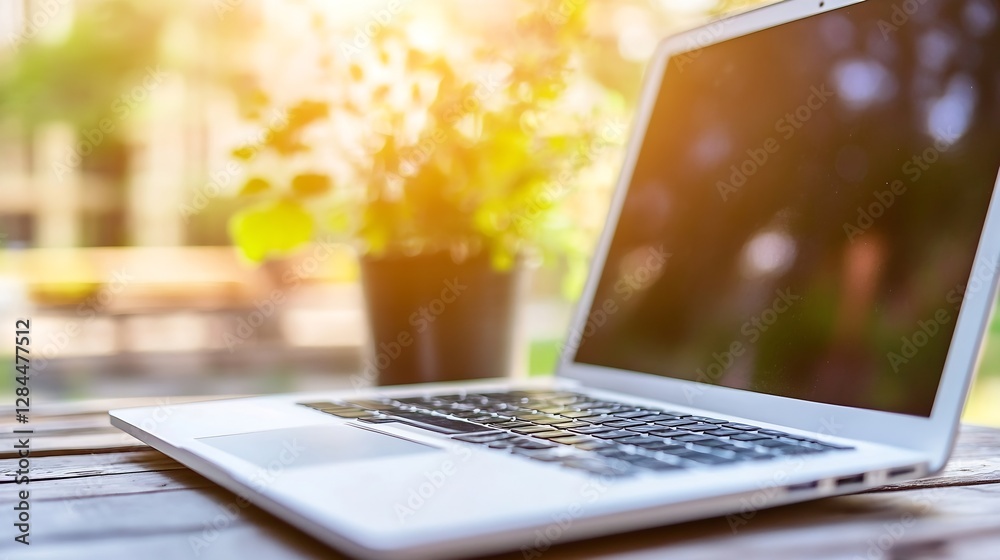 Poster Modern Laptop Open on a Wooden Table Surrounded by Green Plants in a Bright Light Environment : Generative AI