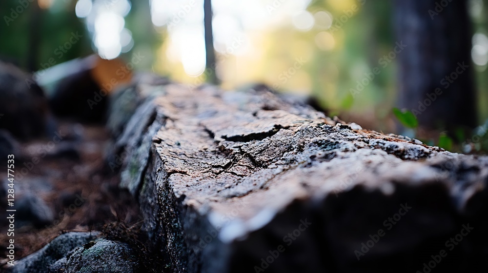 Aufkleber Textured closeup shot of a weathered log resting on the forest floor surrounded by a blurred natural background : Generative AI