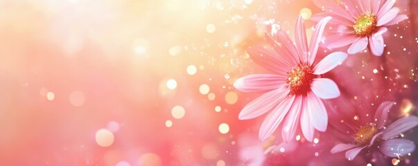 Dreamy pink daisies with sparkling bokeh and soft warm light in an ethereal floral scene