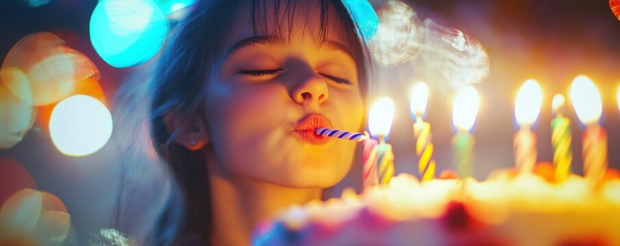 Young girl blowing out birthday candles amid colorful lights and celebrations