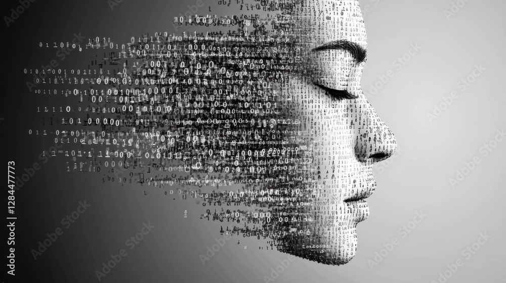 Aufkleber Human face outline blending into binary code representing the connection between identity and technology in a digital world. Generative AI