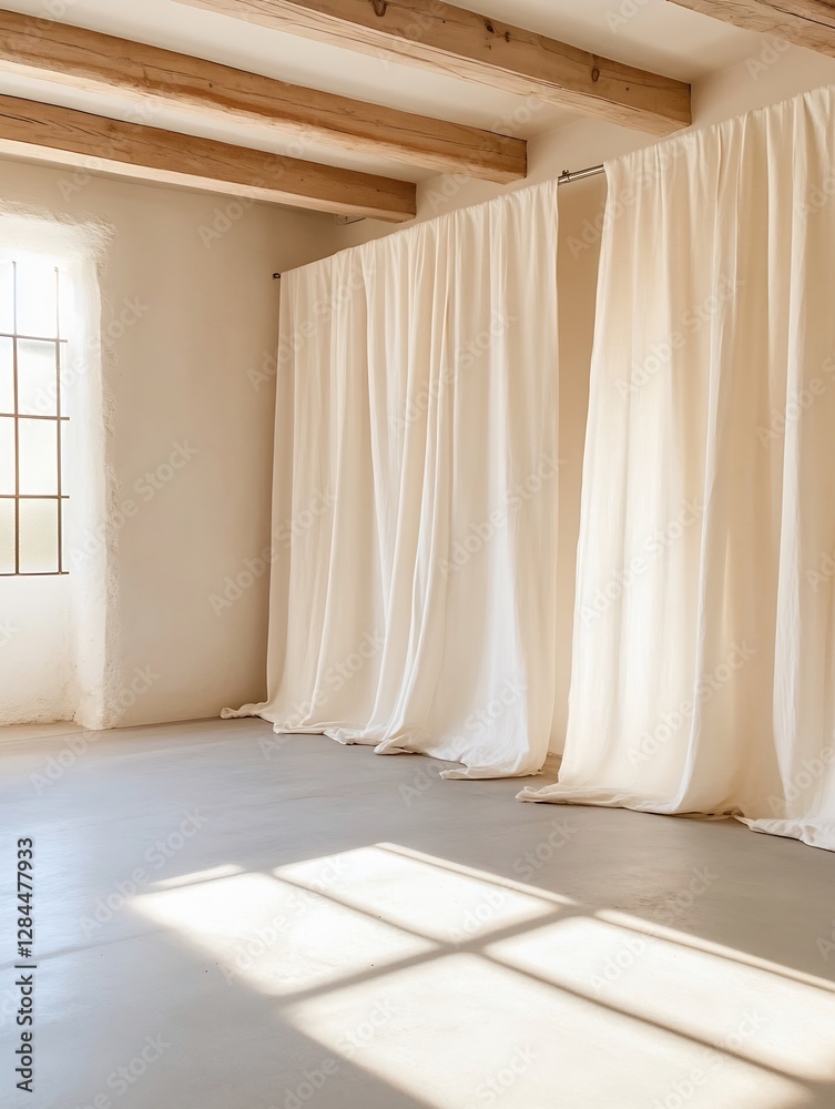 Poster Soft sunlight illuminating elegant fabric curtains draped in a minimalist modern space : Generative AI