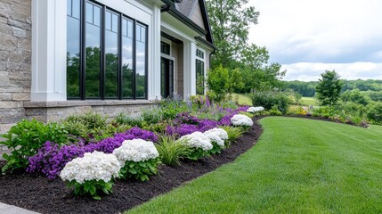 Obraz premium House exterior, landscaped garden, hillside view, summer