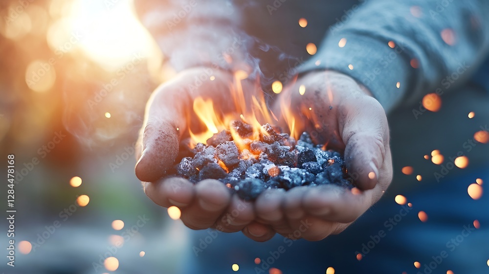 Poster hands holding glowing coal embers with sparks against a soft sunlight background representing warmth