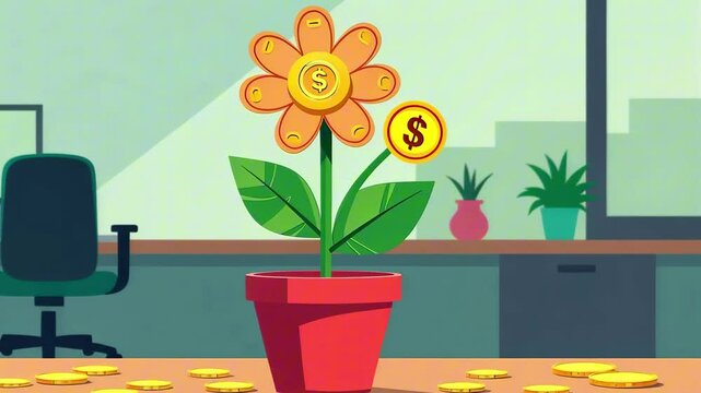 A flower, the leaves of which consist of gold coins, stands in a pot on the office desk. The concept of contribution, profit growth, financing.