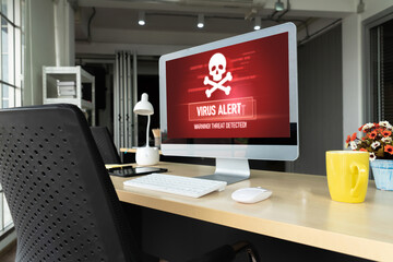 Virus warning alert on computer screen detected modish cyber threat , hacker, computer virus and malware